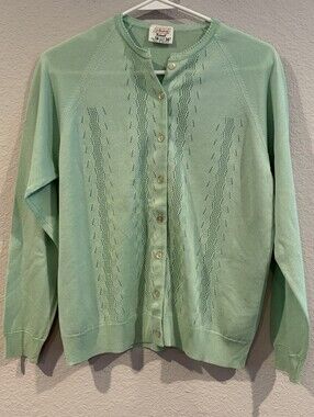 St. Michael Womens Vintage Sea Foam Green Tricel Button Up Cardigan Sweater 14